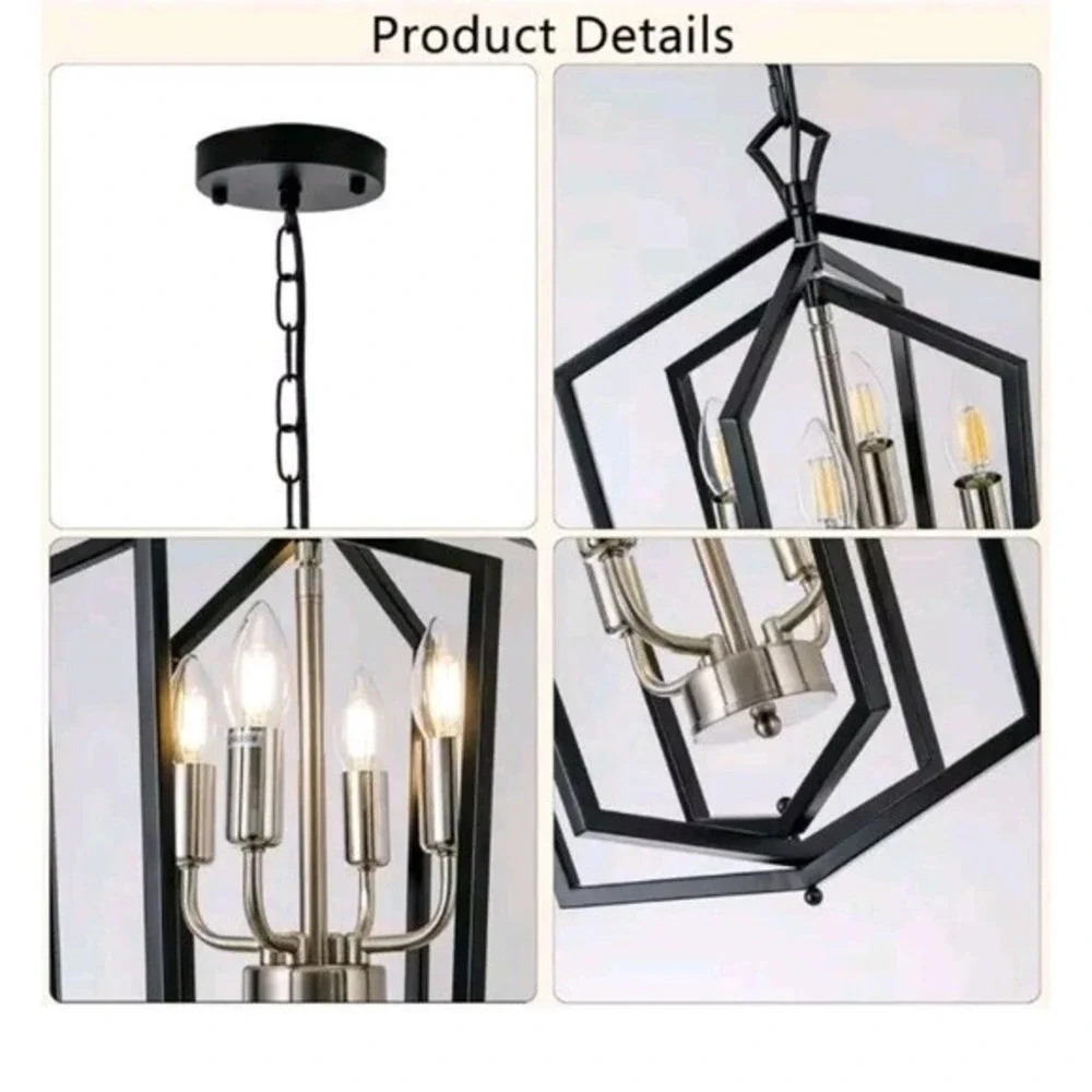4-Light Black Farmhouse Chandelier Light Fixture‎ Iron Lantern Pendant Light